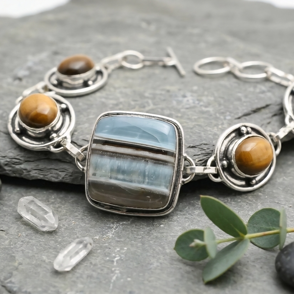925 Silver Handcrafted Botswana Agate Tigers Eye Gemstone Toggle Boho Bracelet - Picture 13 of 13